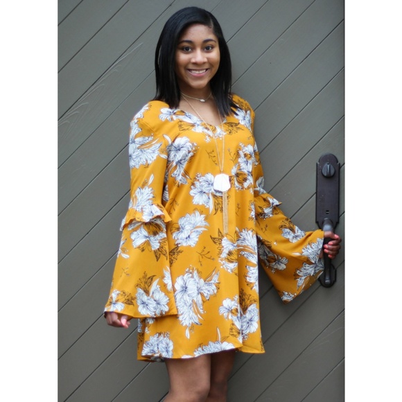 Dixie Magnolia Boutique Dresses & Skirts - ❌SOLD OUT❌ Floral Print Mustard Bell Sleeve Dress